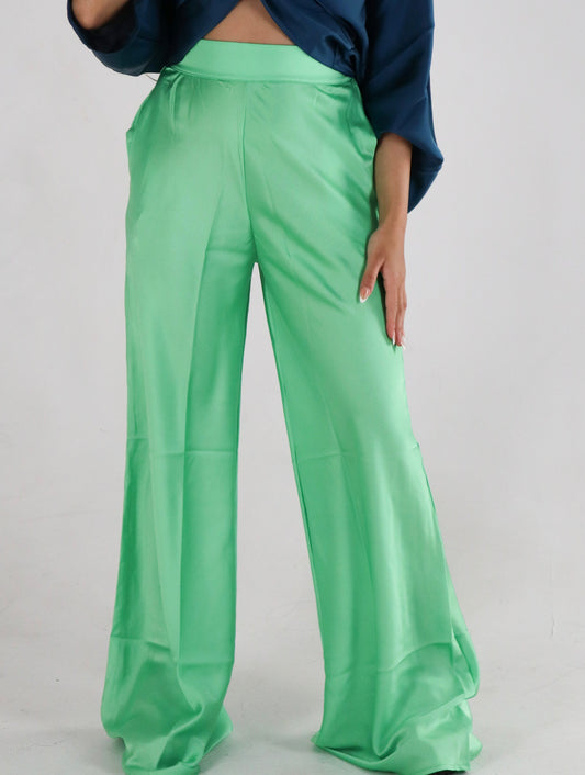 Wide Leg Satin Trousers- Lime